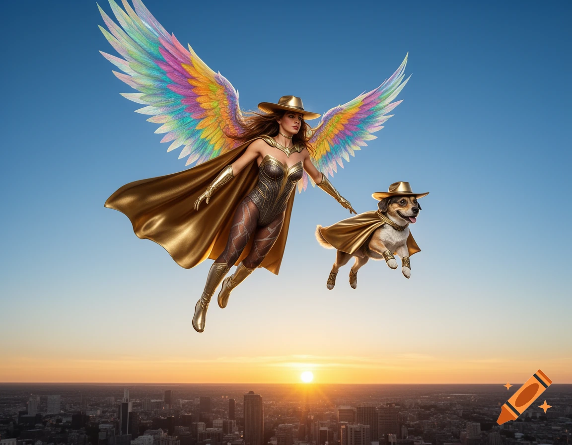 A photorealistic image of a superwoman with rainbow wings and a dog, both in golden outfits, flying over a city at sunset.