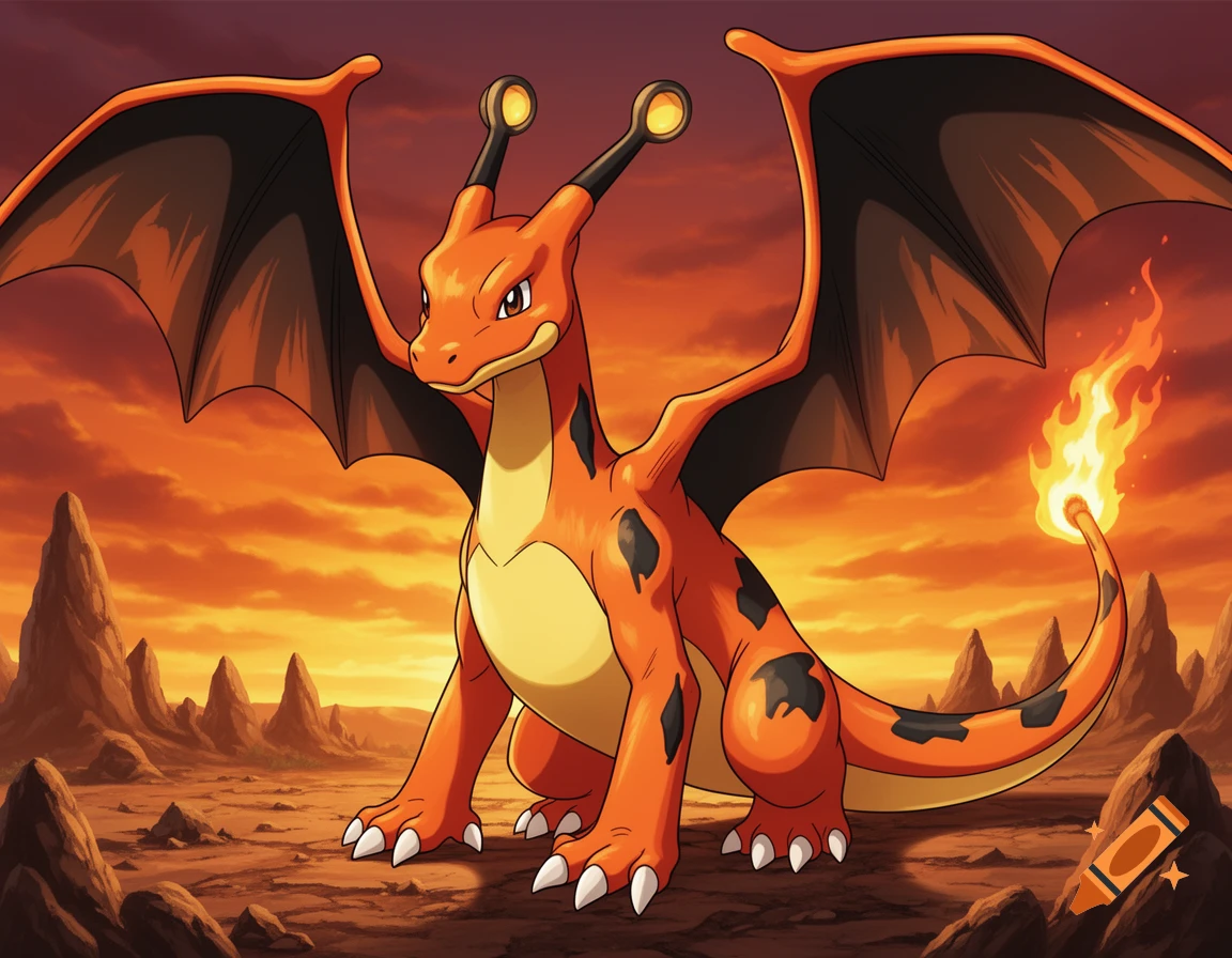 An orange and black dragon-like creature with large wings and a fiery tail stands in a volcanic, rocky landscape under a vibrant orange sky, in anime style.