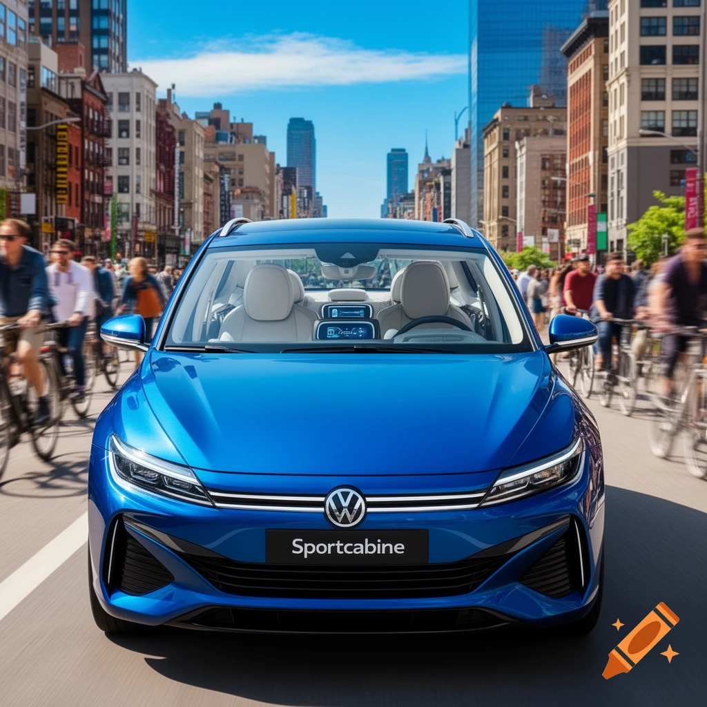 Front view of a blue car with "Sportcabine" on the bumper driving on a busy city street with people on bicycles.