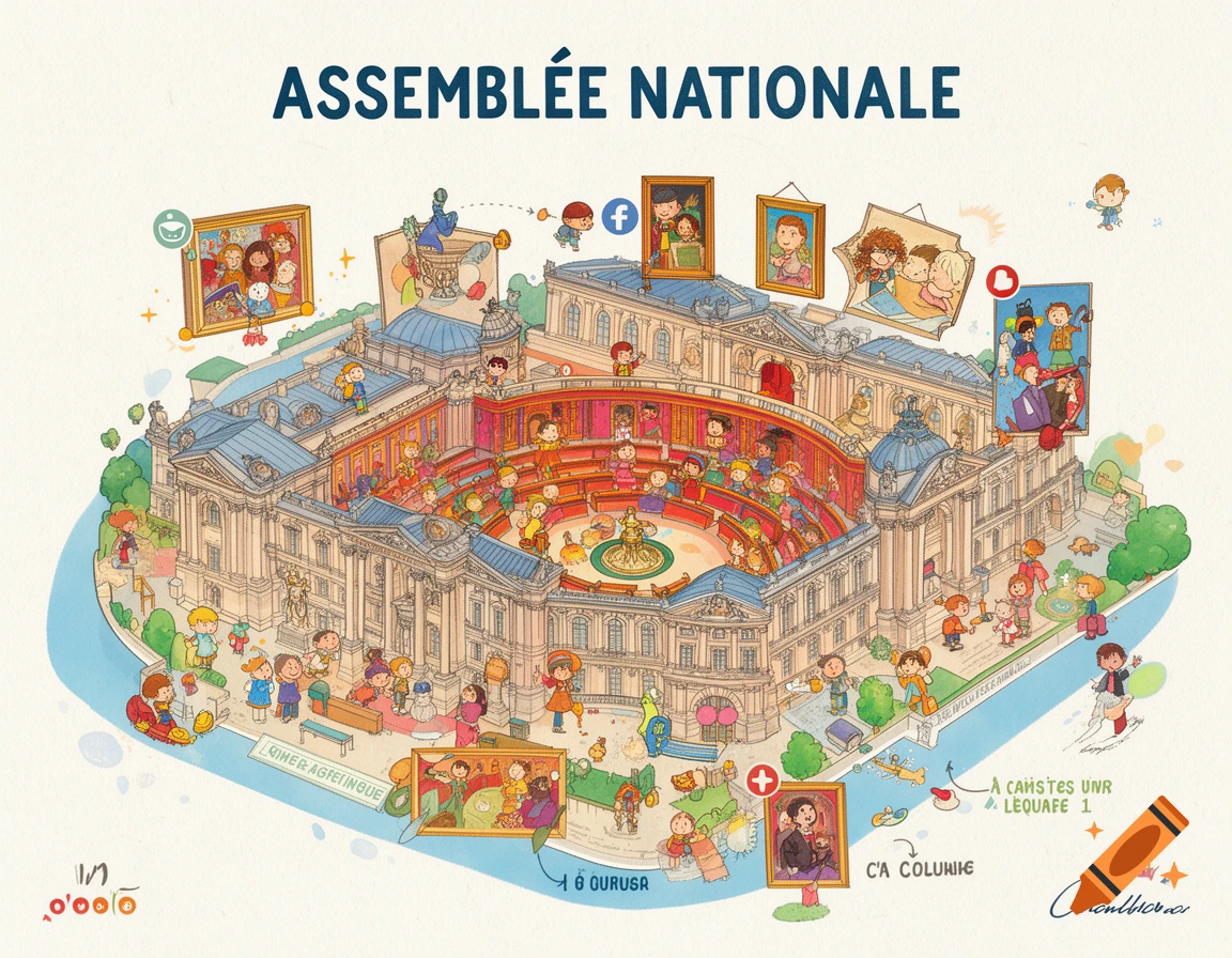 A colorful, isometric cartoon illustration of the Assemblée Nationale building, filled with many diverse children, floating picture frames, and various small objects.