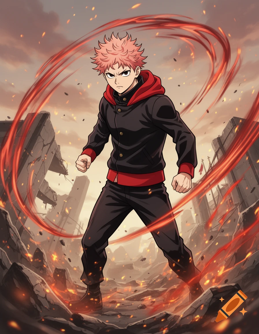 Anime character with pink spiky hair, black jacket, and red hoodie, stands determinedly amidst debris and swirling red energy.