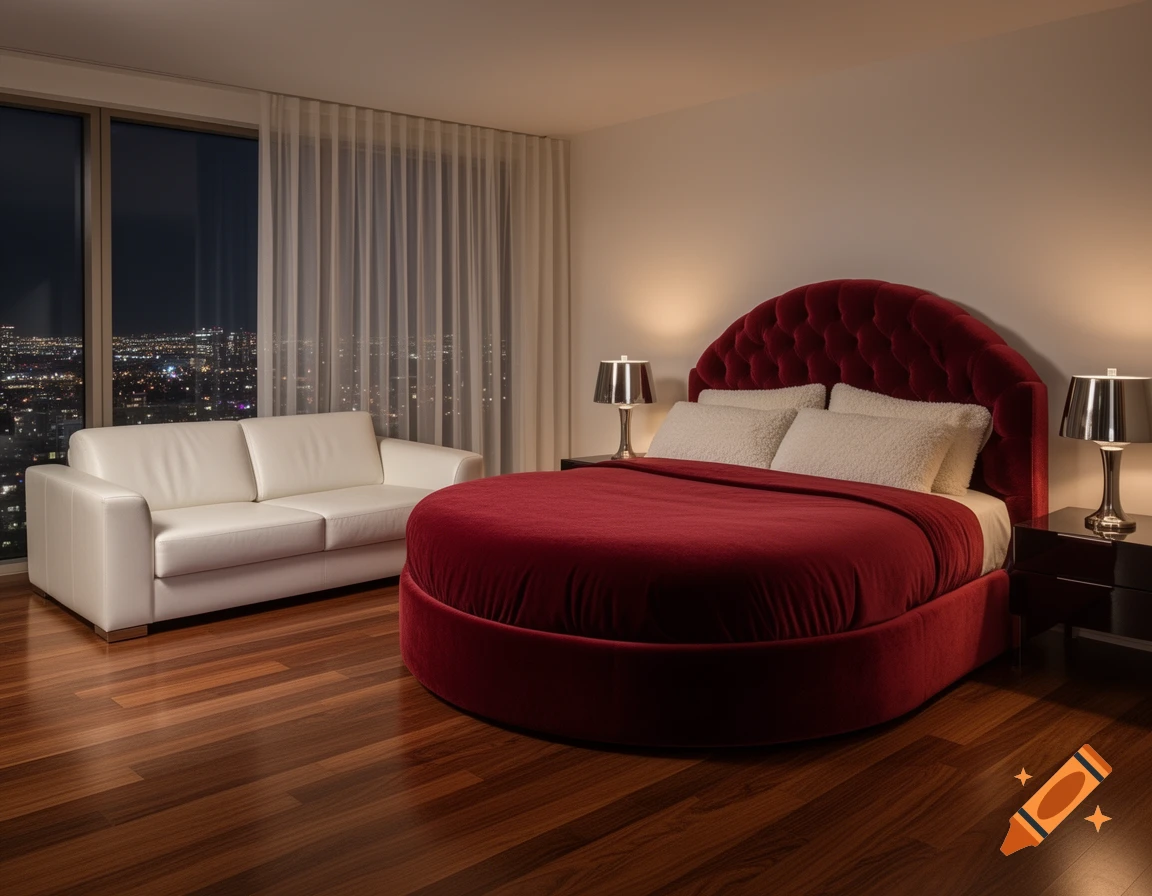 Luxurious bedroom with a round red velvet bed, white sofa, and city night view from a large window.