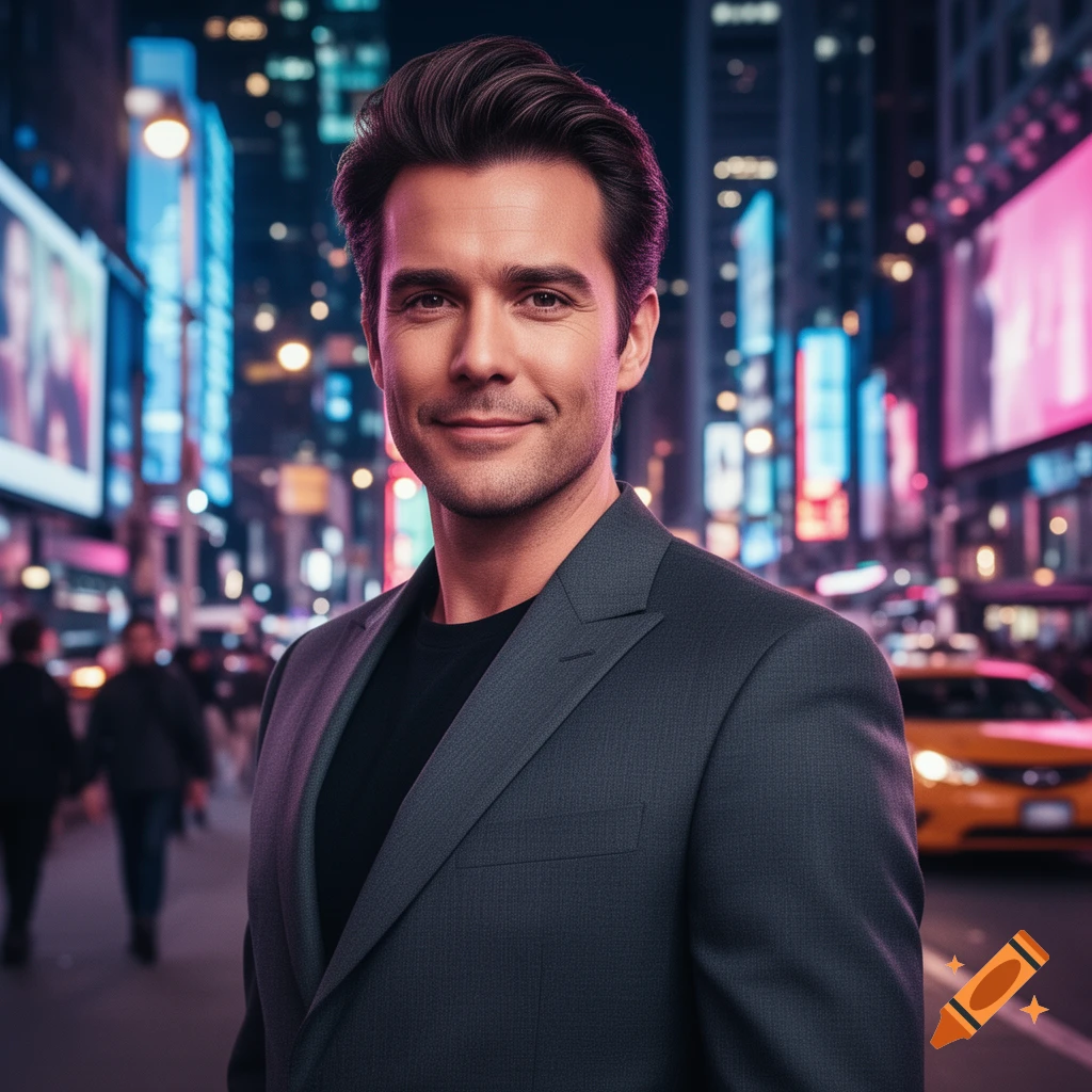 Photorealistic portrait of a smiling man in a dark suit on a neon-lit city street at night, with a blurry taxi in the background.