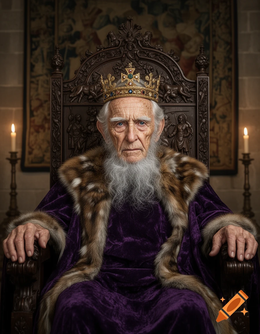 An old king with a white beard and golden crown sits solemnly on an ornate throne, wearing a purple velvet fur-trimmed robe. Photorealistic.