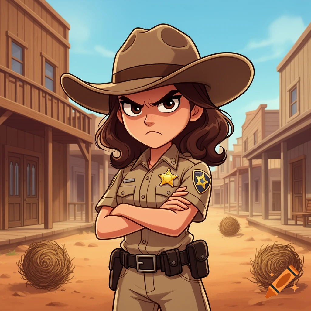 Cartoon of a scowling female sheriff's deputy with folded arms, wearing a uniform and hat, standing in a dusty Western town with tumbleweeds.