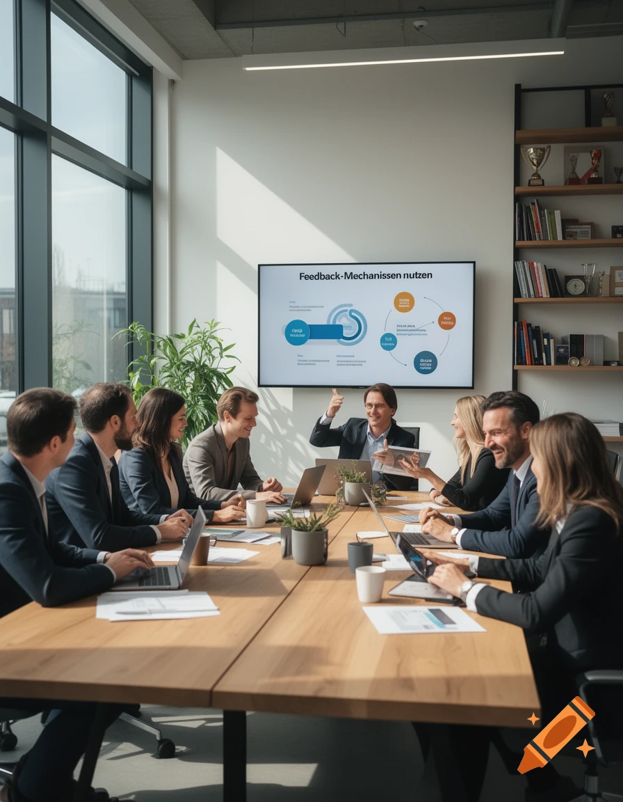Professionals in suits attend a business meeting in a modern office, gathered around a wooden table with laptops and a presentation on a large screen.
