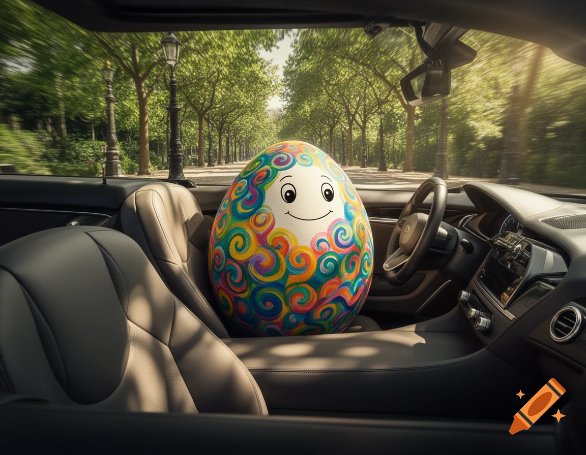 A colorful Easter egg with a smiling face drives a car down a tree-lined street.
