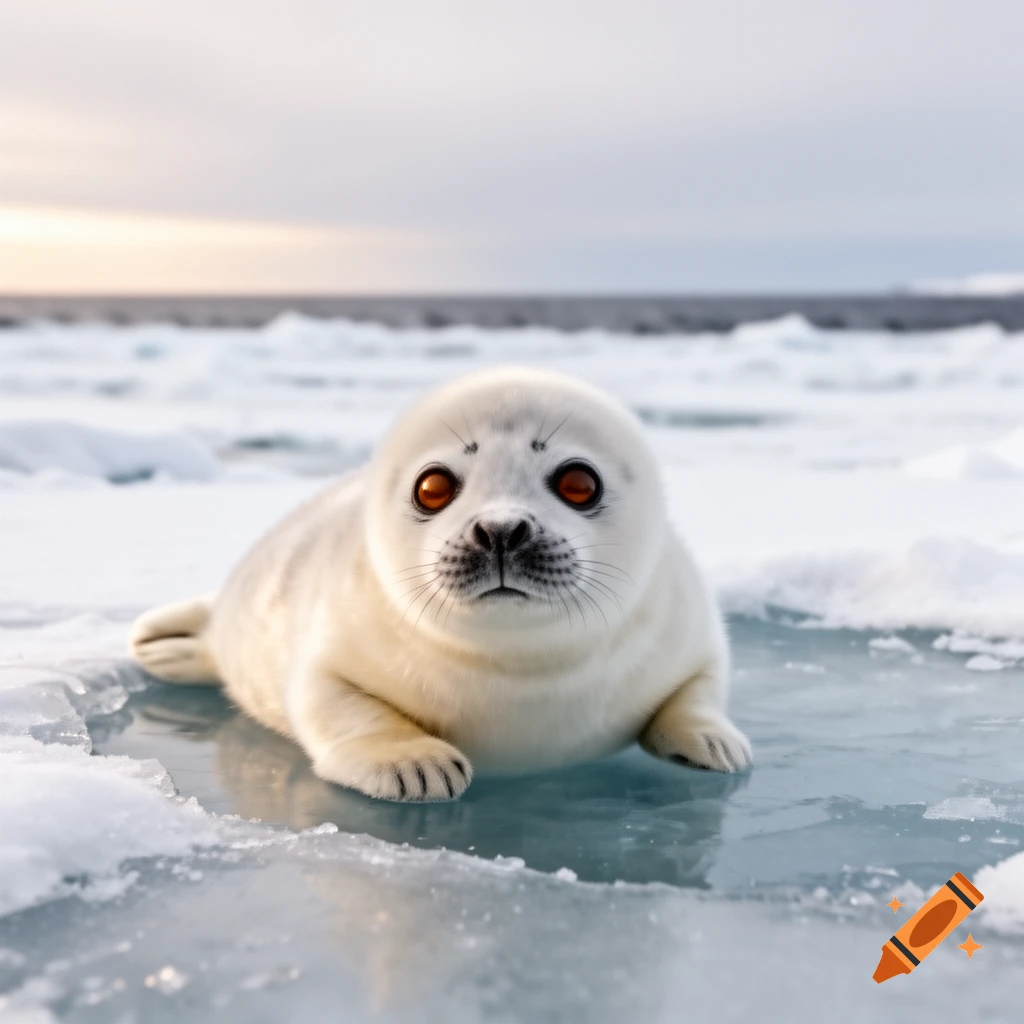 A fluffy white baby seal with large orange eyes lies on ice in an arctic landscape under a soft sky, photorealistic.