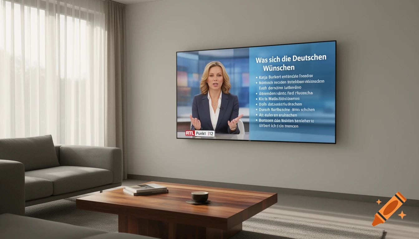 A modern living room with a large TV displaying a news broadcast with a female anchor and a bulleted list.