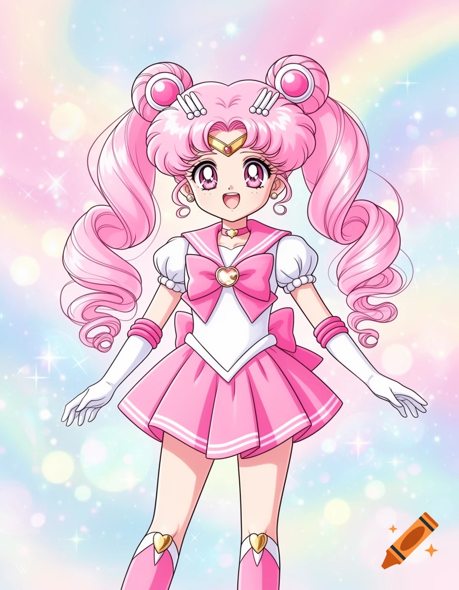 Sailor Mini Moon in her pink and white uniform, with pink pigtails, standing against a pastel rainbow background.