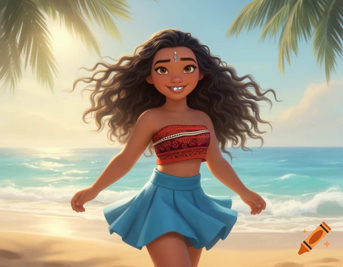 Animated Moana smiles, walking on a sunny beach with palm trees and ocean, wearing a red tube top and blue skirt.