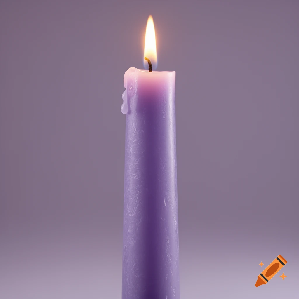A photorealistic close-up of a lit light purple candle with melted wax running down its side, against a plain purple background.