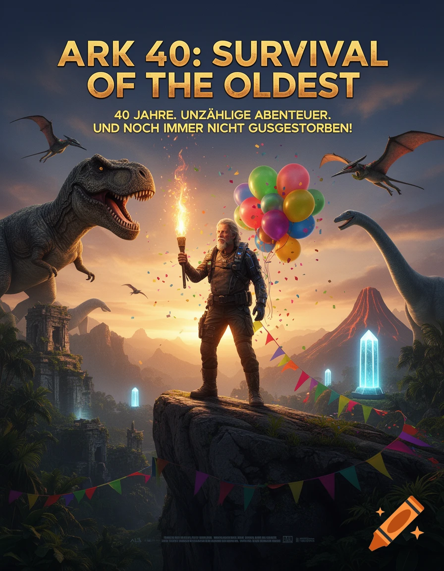 Epic movie poster of a rugged man holding a torch on a cliff, surrounded by dinosaurs, balloons, confetti, and glowing obelisks at sunset.