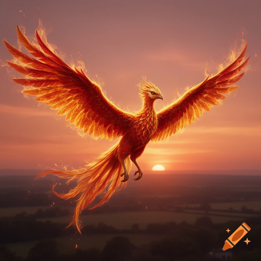 A majestic fiery phoenix with outstretched wings flying against a vibrant orange and red sunset sky over a landscape.