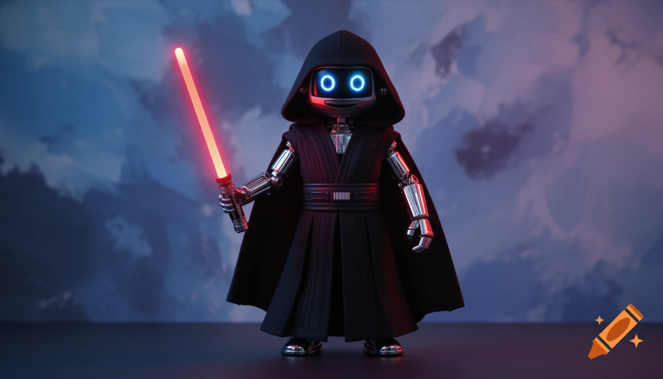 A cute robot dressed as a Star Wars Sith Lord, holding a glowing red lightsaber, against a dramatic blue and purple background.