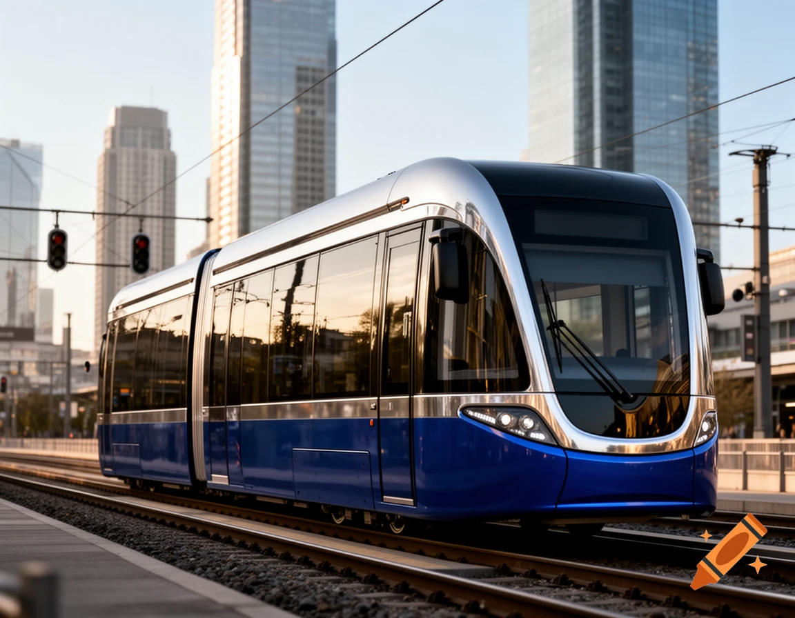 A modern blue and silver tram on tracks at a station, with skyscrapers and power lines in the background, under a clear sky.