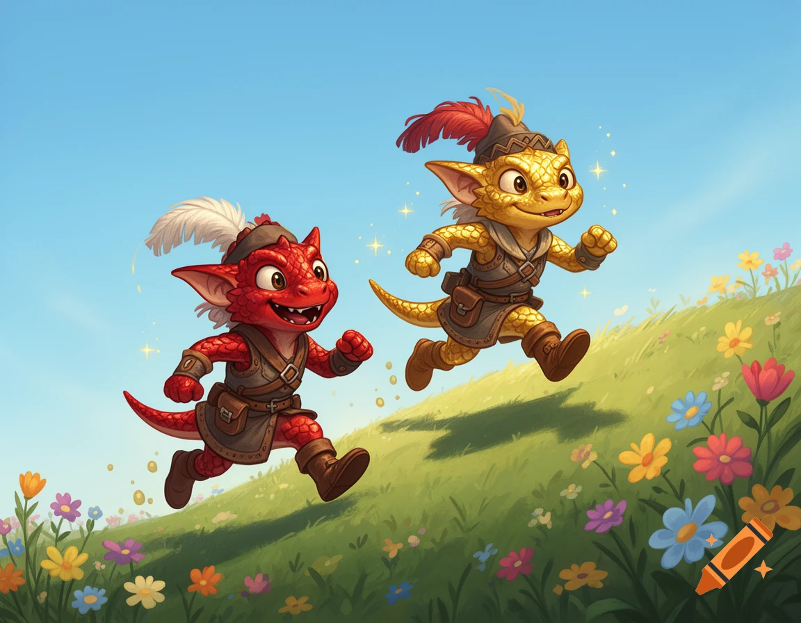 A red and a golden cartoon kobold, wearing medieval gear, joyfully run uphill through a field of colorful flowers under a bright blue sky.