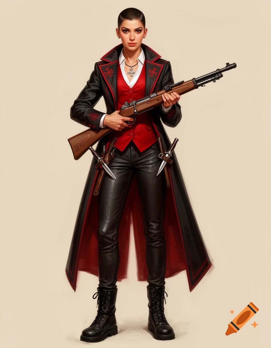 A woman with short dark hair, wearing a black and red coat with cross symbols, a white shirt, red vest, leather pants, and combat boots, holding a rifle and with knives on her waist.