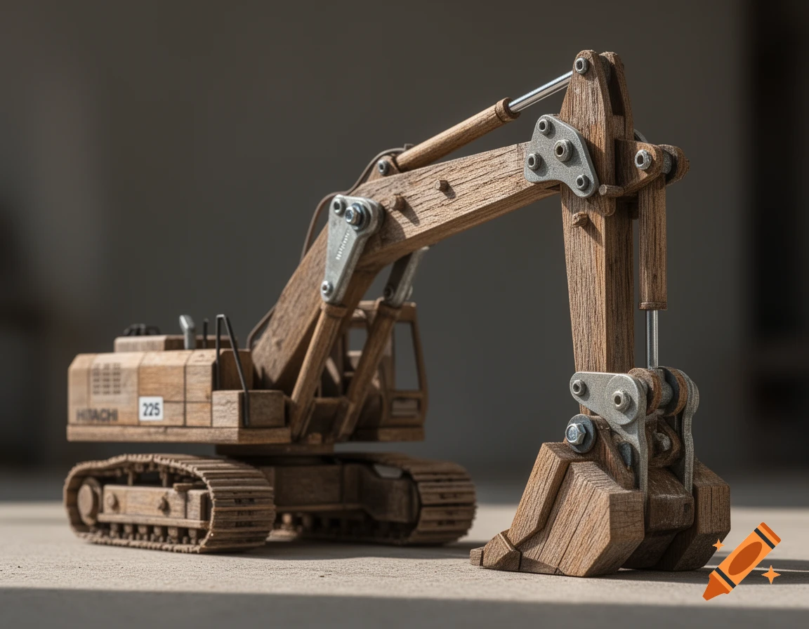 A detailed 1:10 scale wooden model of a Hitachi 225 excavator with metal accents, sitting on a concrete surface.