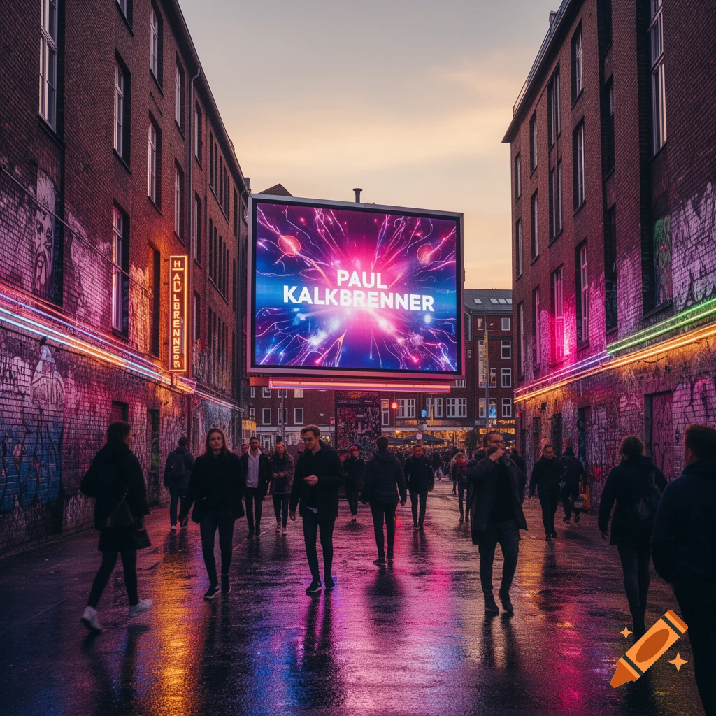 A vibrant street scene at dusk with people walking on a wet street reflecting neon lights. A large billboard prominently displays "PAUL KALKBRENNER" with an electric background, and a vertical neon sign glows on a brick building.