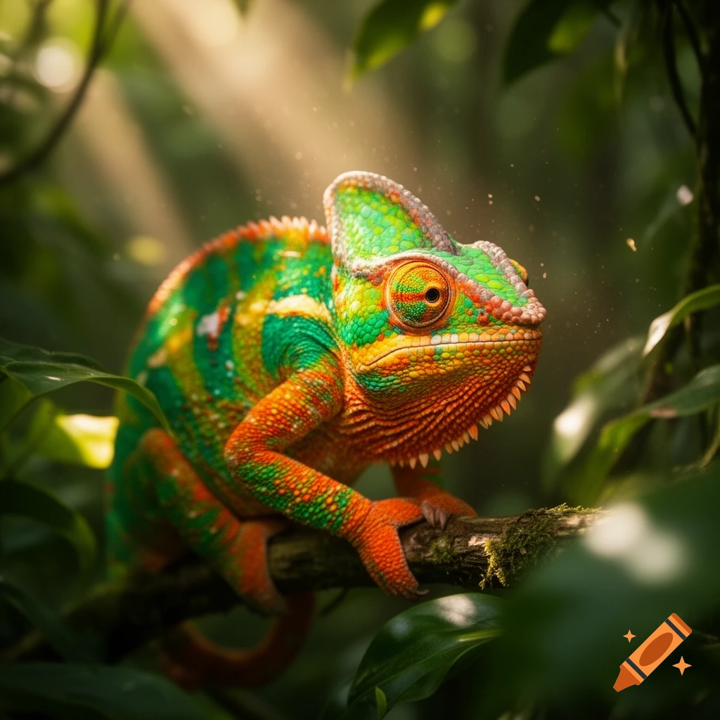 A vibrant green, orange, and red chameleon sits on a mossy branch in a lush, sunlit jungle.