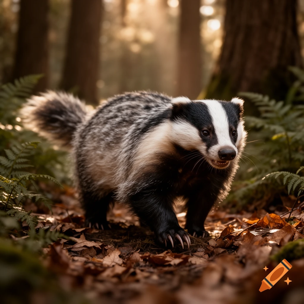 A photorealistic angry badger with black and white striped face, standing on a forest floor with ferns and sunlight through trees.