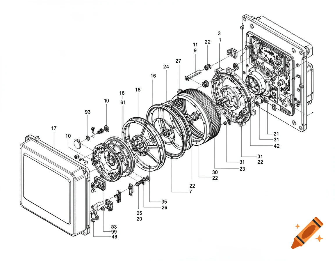 Detailed exploded view technical drawing of a gyrotachometer with numerous numbered components and guide lines.