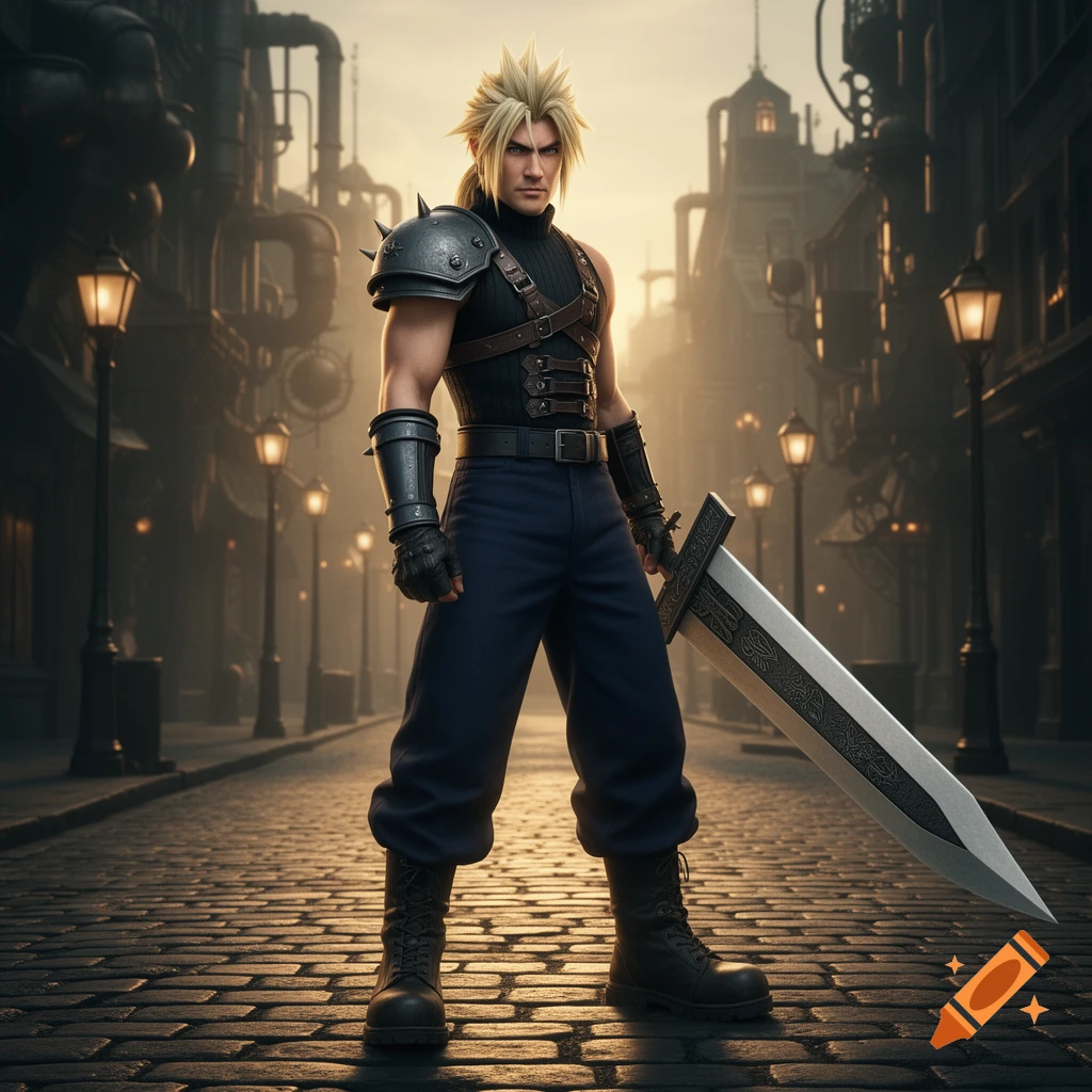 Cloud Strife in armor and holding a large sword, standing on a cobblestone street in a detailed industrial city.