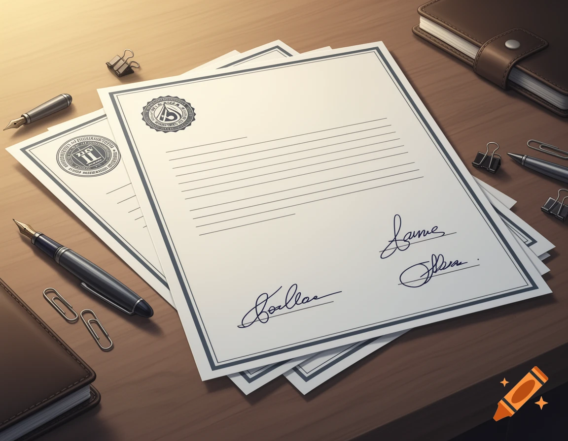 Clipart illustration of signed business documents, pens, paper clips, and a notebook on a wooden desk.