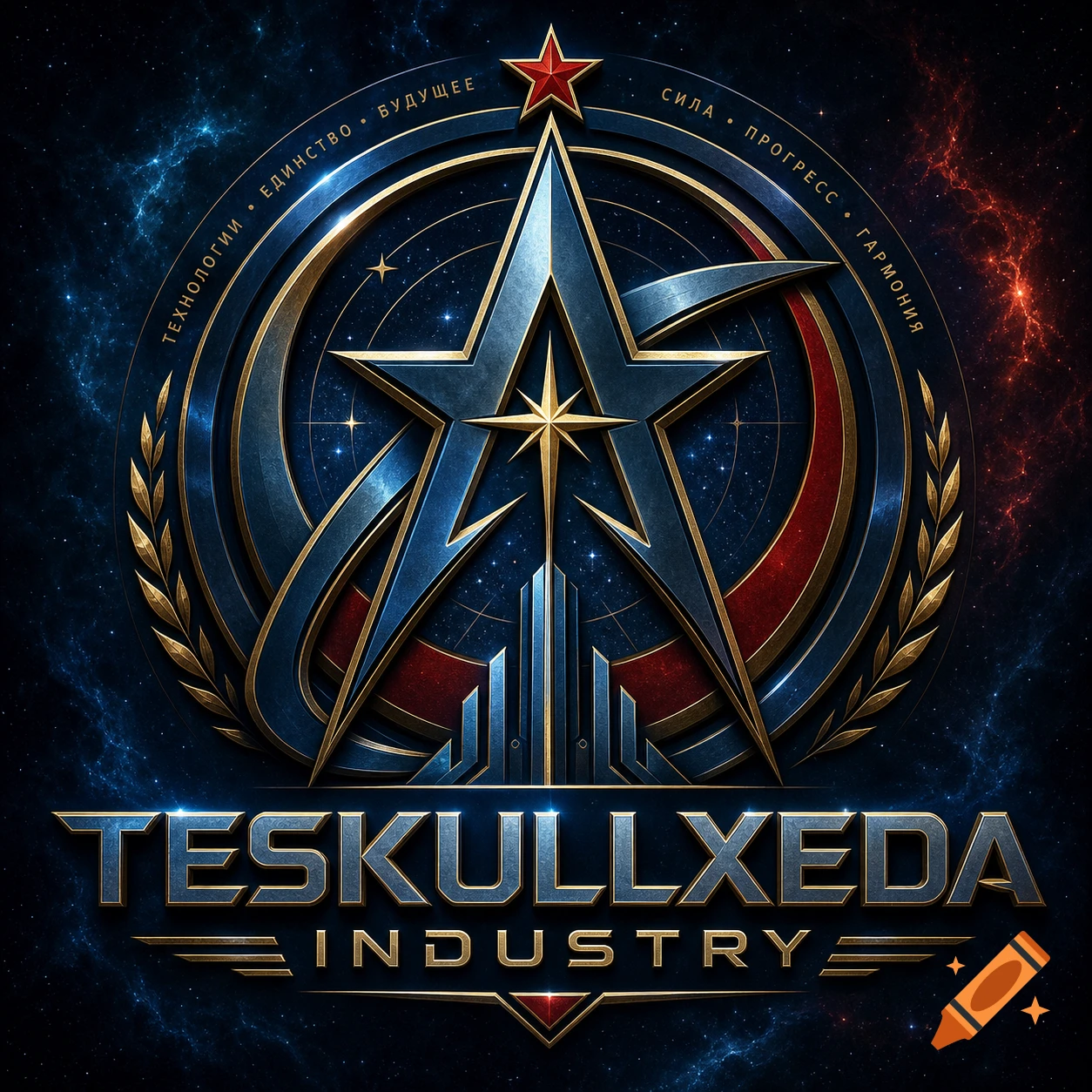 A stylized blue and gold logo with a prominent star, surrounded by a laurel wreath and Russian text, against a starry galaxy background. The text "TESKULLXEDA INDUSTRY" is below the emblem.