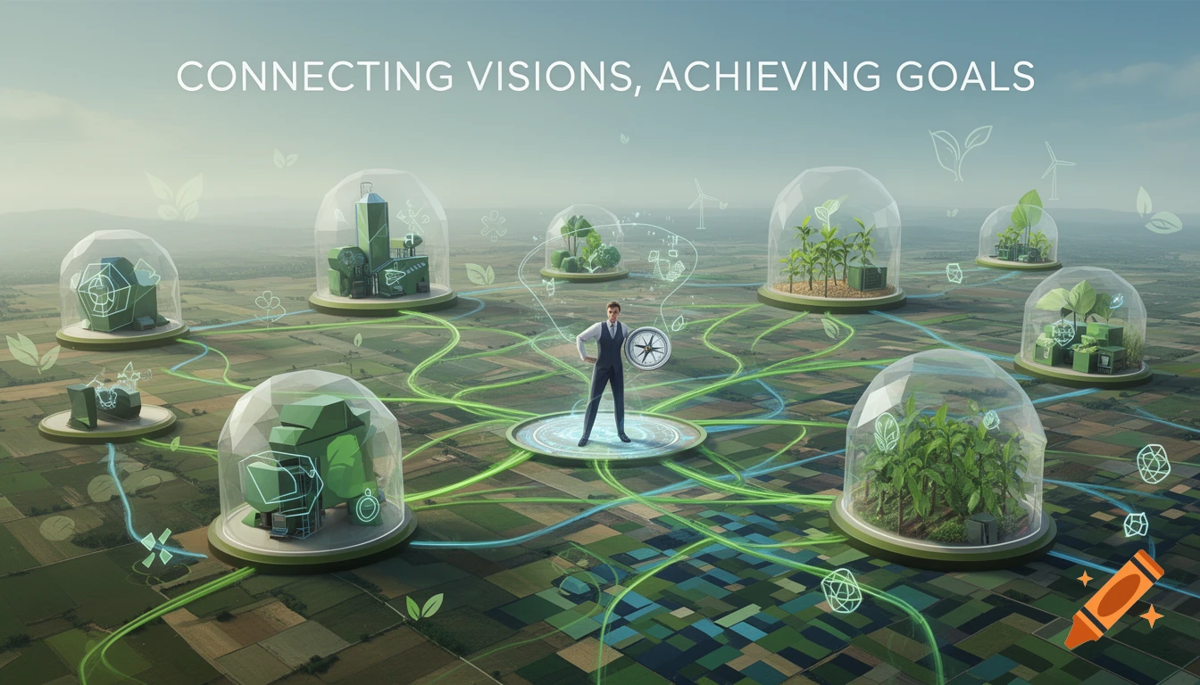 Conceptual illustration of a businessman connecting various agricultural and industrial elements in glass domes across a farm landscape. Text: 'CONNECTING VISIONS, ACHIEVING GOALS'.