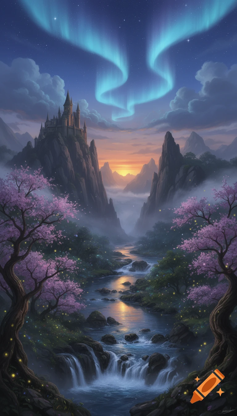 Fantasy landscape at twilight with a castle, glowing river and waterfalls, cherry blossoms, and aurora borealis. Digital art.