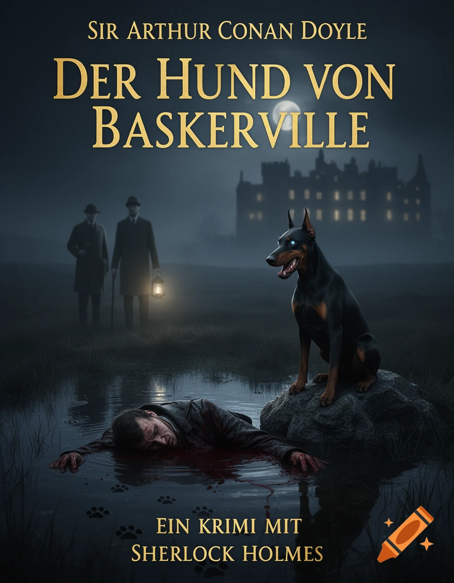 Book cover for 'Der Hund von Baskerville' with a Doberman on a rock, a dead man in a bloody pool, and Sherlock Holmes and Watson in the misty background.