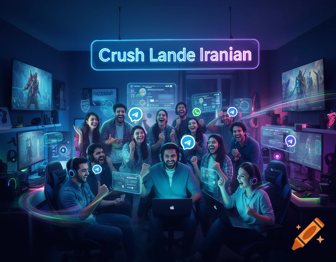A group of diverse young people laughing and interacting with laptops and holographic interfaces in a neon-lit gaming room with a "Crush Lande Iranian" sign.