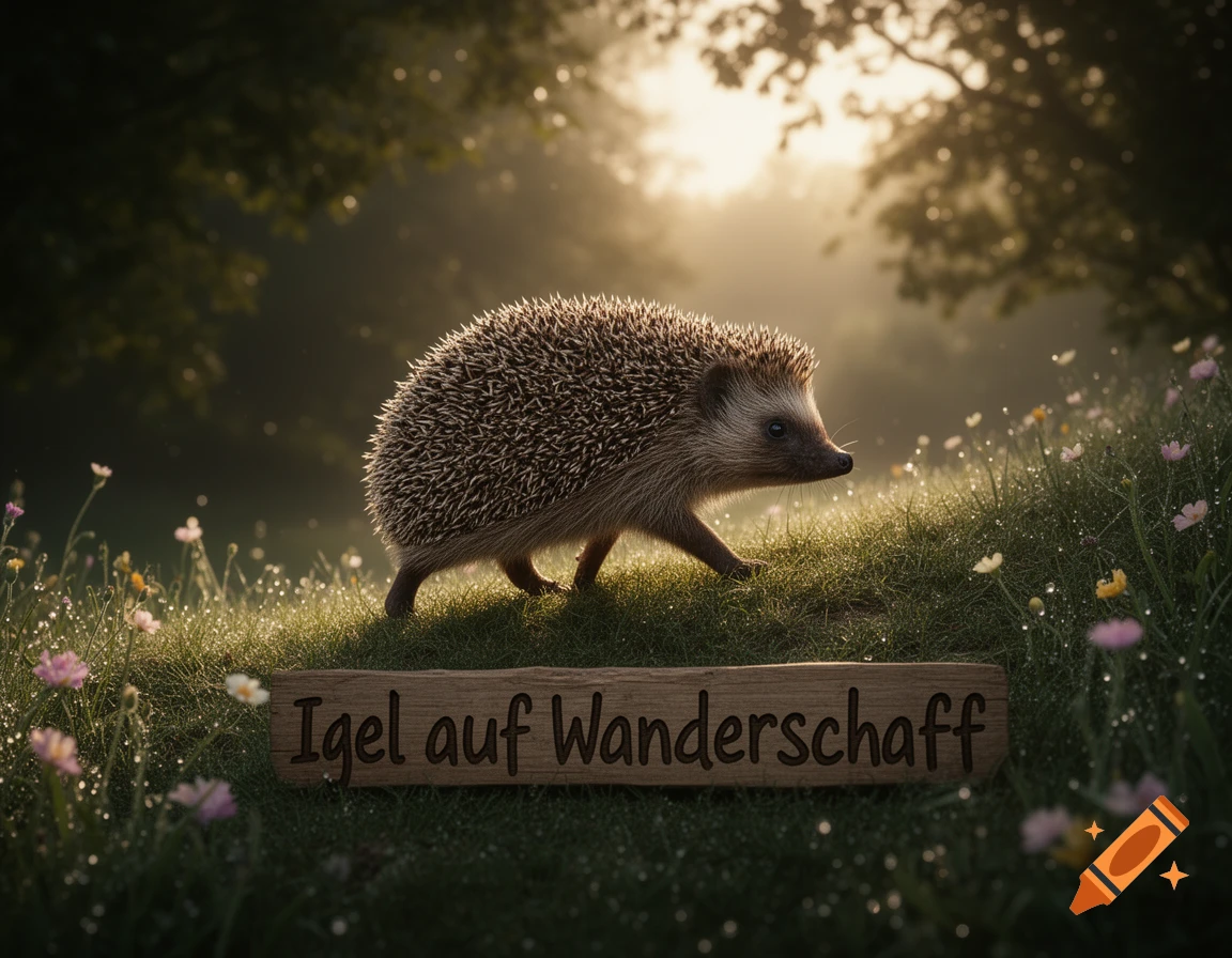 A photorealistic hedgehog walks on dewy grass in a forest at sunset, with a wooden sign reading "Igel auf Wanderschaft".