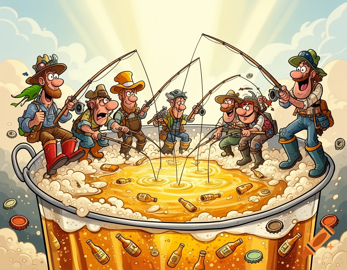 Funny cartoon of several men fishing with rods in a giant mug of beer with floating bottles and foam.