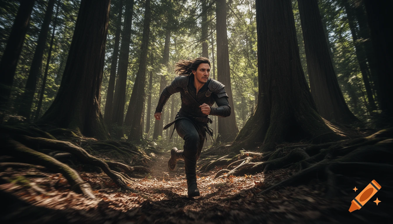 A man in dark fantasy armor runs through a dense, sun-dappled forest with towering trees and exposed roots, photorealistic style.