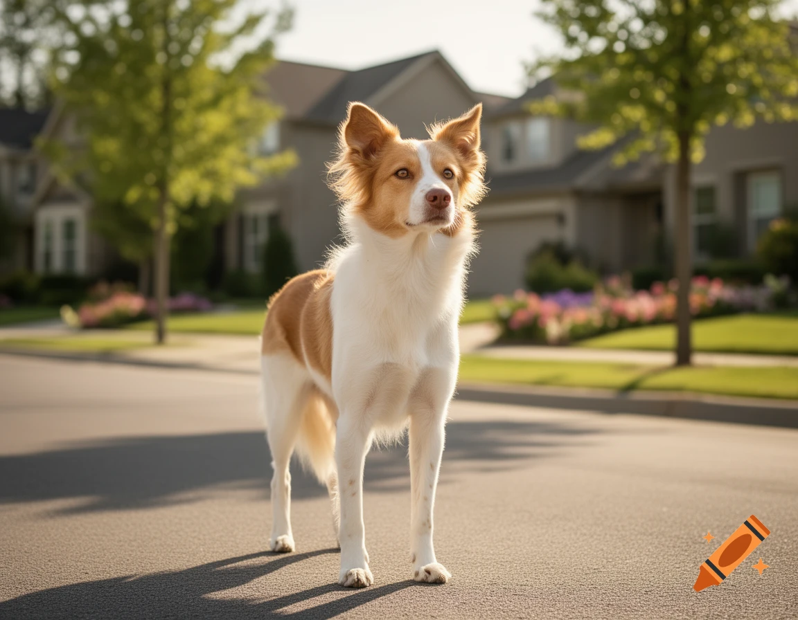 A brown and white dog stands on an asphalt street in a sunny suburban neighborhood with houses and trees.