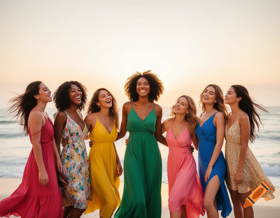 A group of diverse women in colorful dresses laughing and walking on a beach at sunset.
