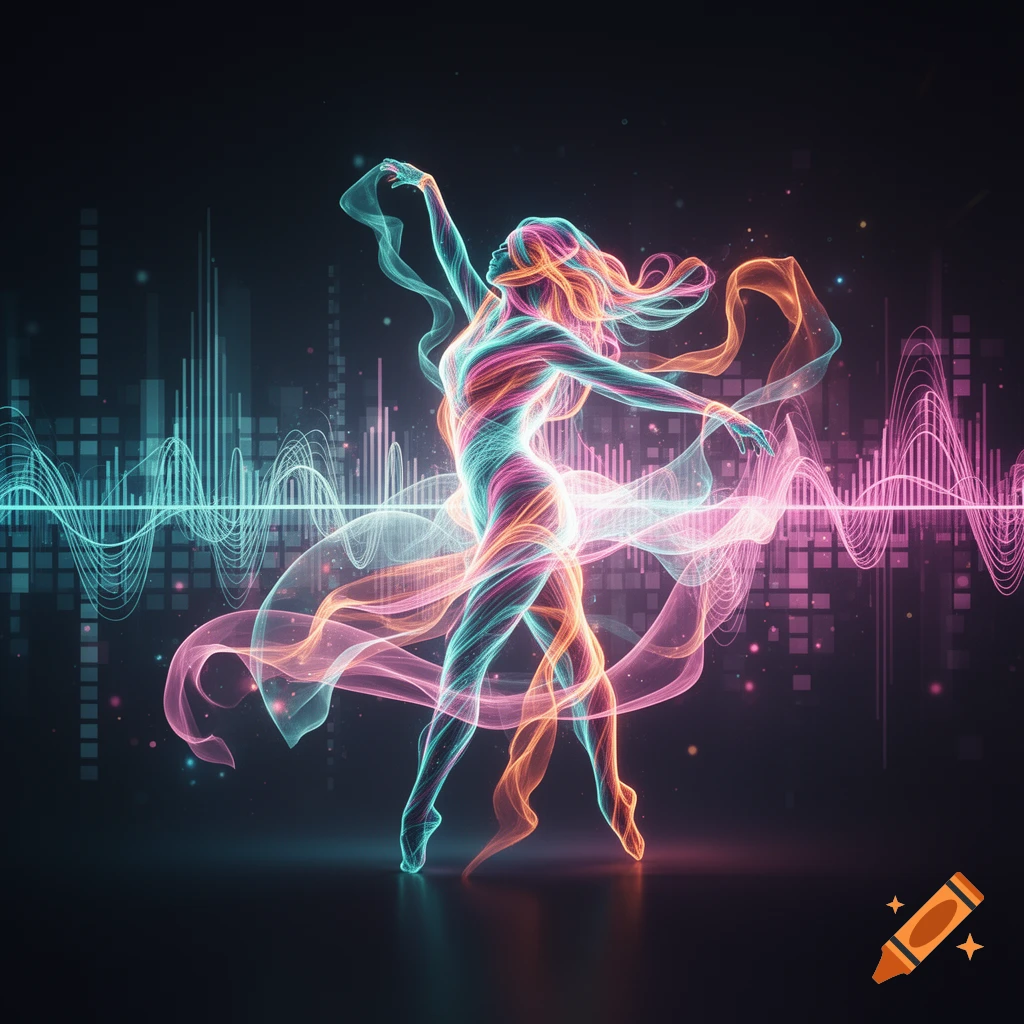 A glowing, abstract dancer made of neon teal, pink, and orange lines and ribbons against a dark background with pulsating audio waveforms.