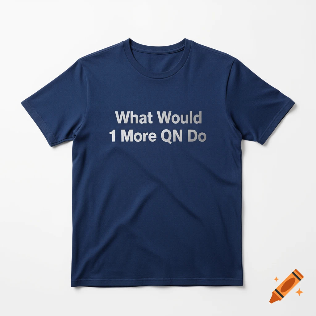 A dark blue t-shirt with 'What Would 1 More QN Do' printed in white on the front.