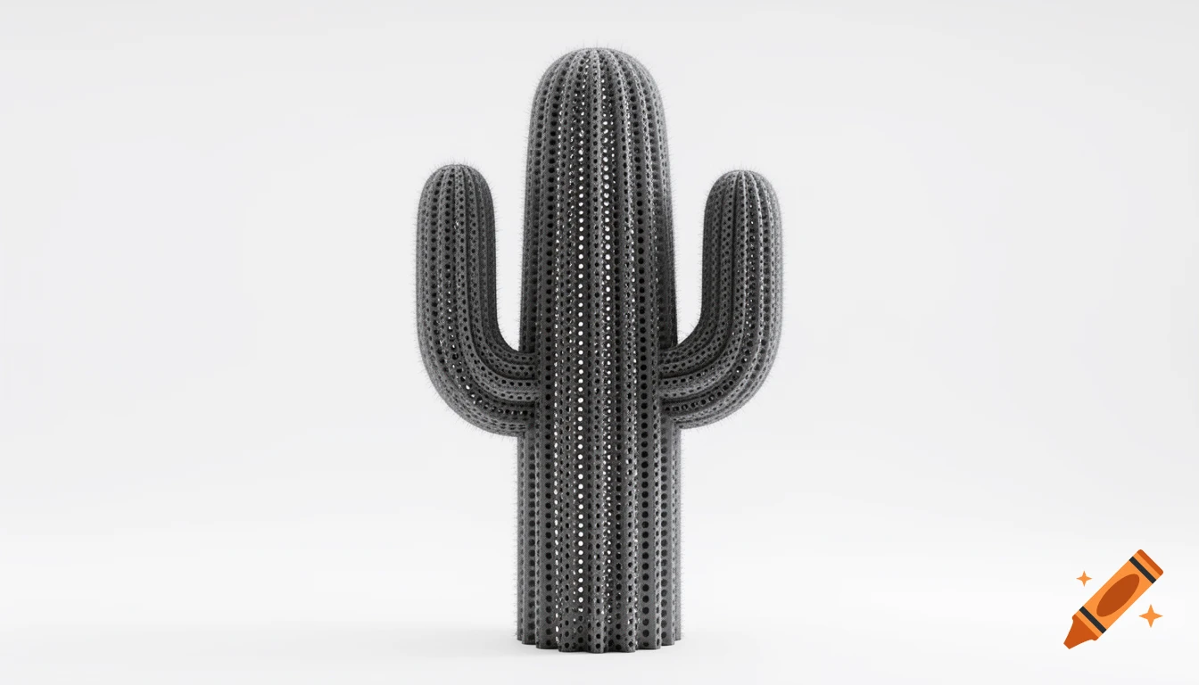 Photorealistic industrial design cactus sculpture made of perforated dark gray material, isolated on a white background.