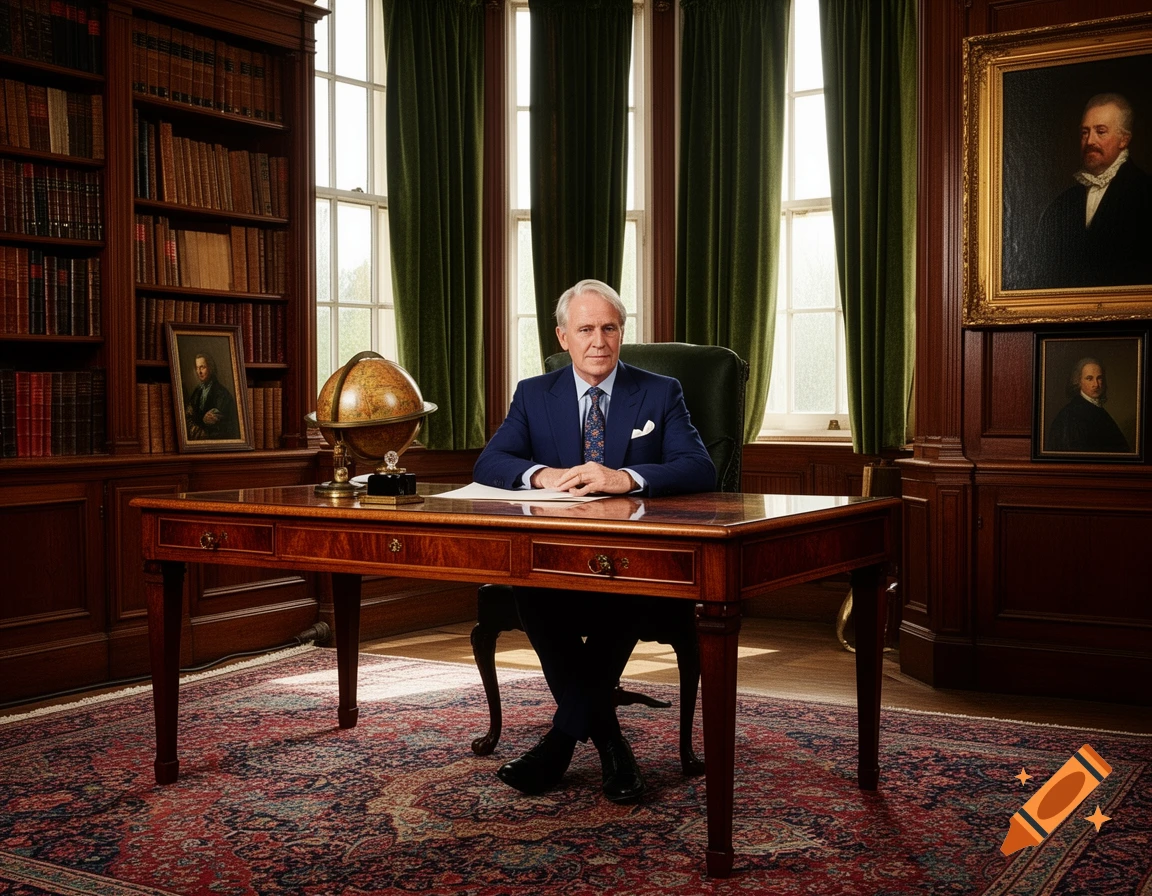 Photorealistic portrait of an older man in a blue suit sitting at a wooden desk in a grand, wood-paneled library with bookshelves and portraits.