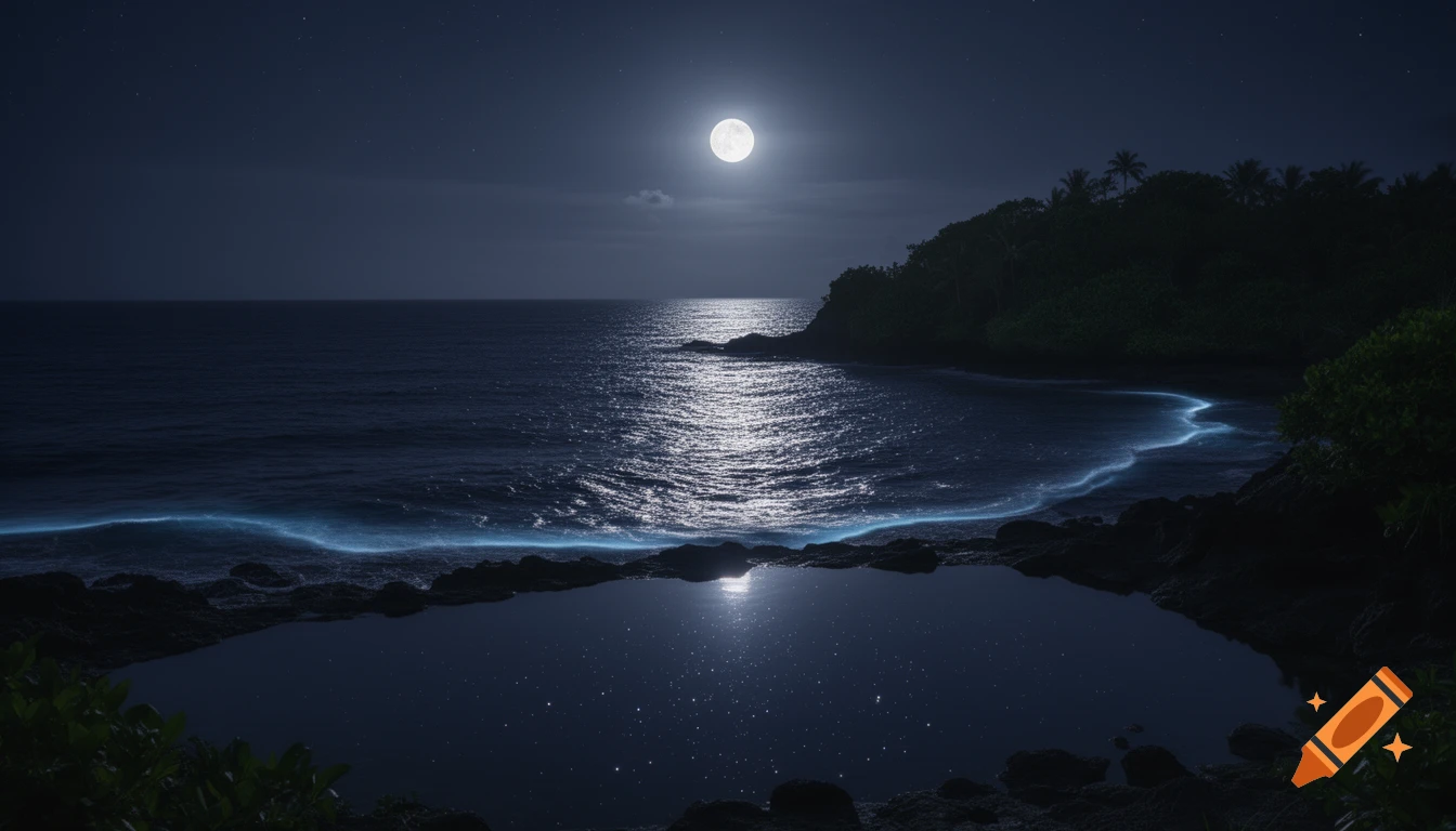 Full moon reflects on a shimmering ocean and bioluminescent waves by a dark, rocky island at night, photorealistic.