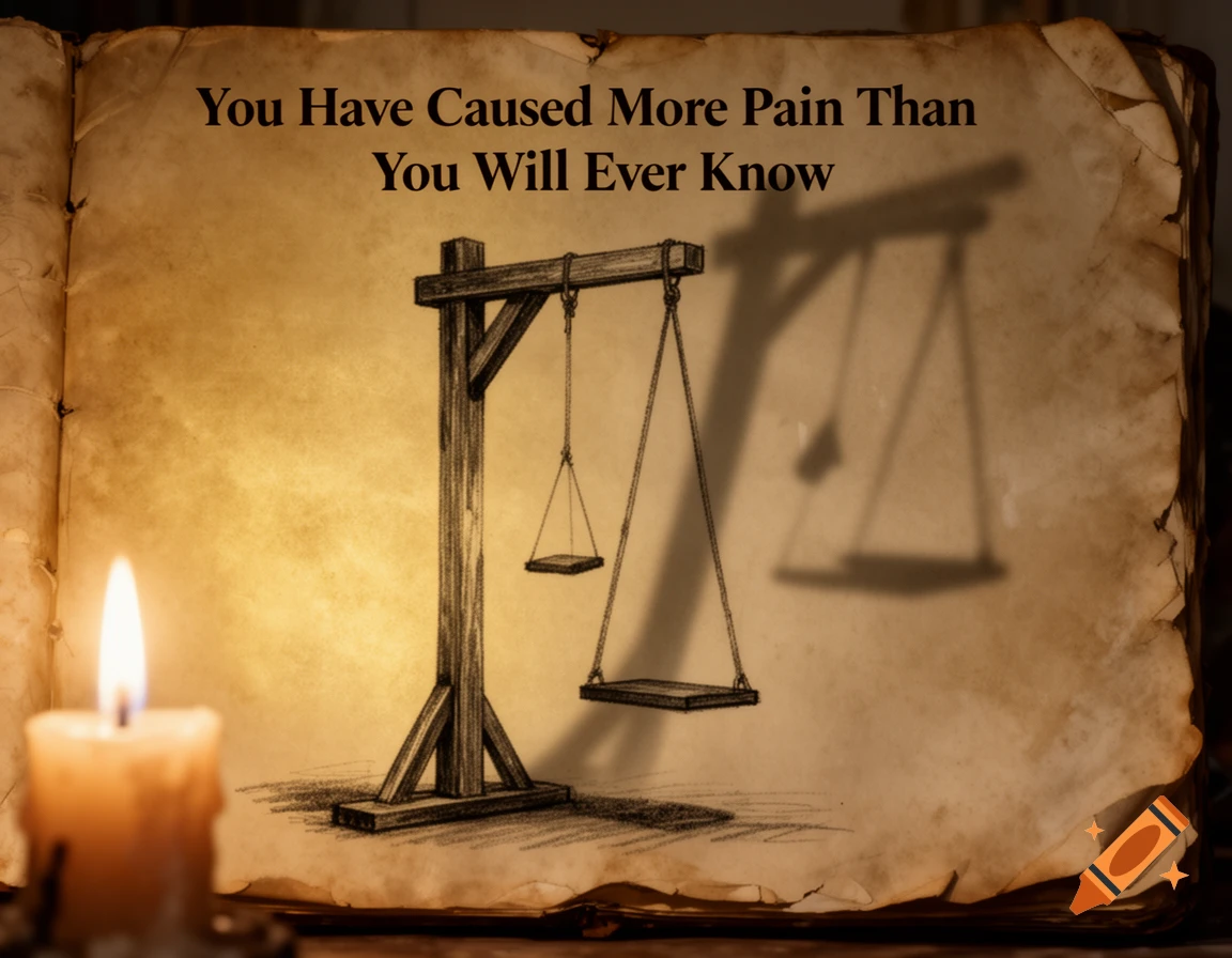 A lit candle next to an open, aged book with a drawing of a wooden scale structure and text 'You Have Caused More Pain Than You Will Ever Know'.