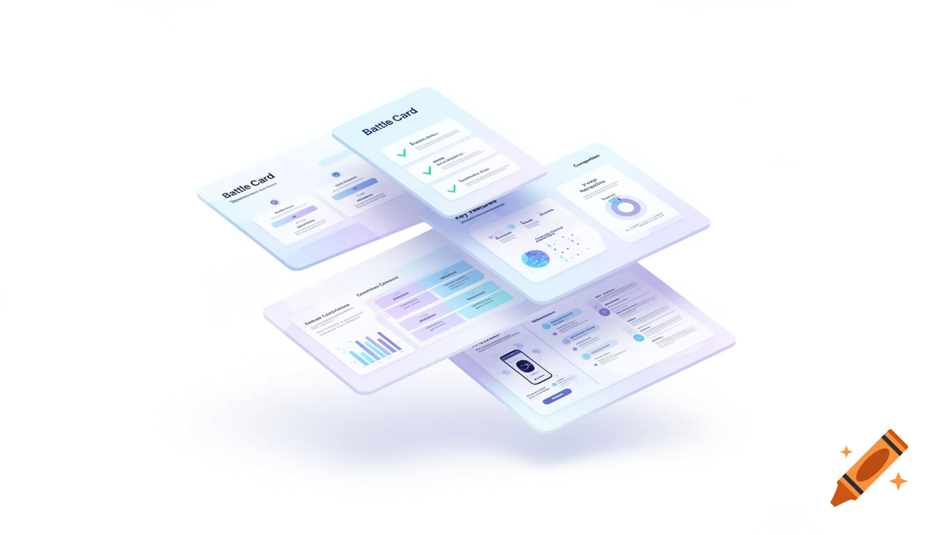 Multiple floating, translucent panels with business data, charts, and text in a professional, modern style with blue and purple gradients.
