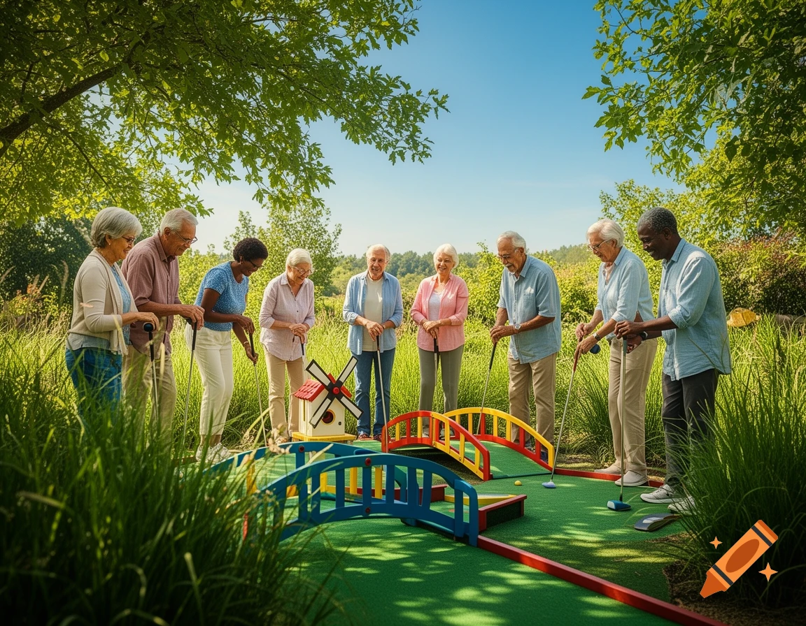 A diverse group of seniors plays mini-golf on a sunny day in a lush park with colorful course obstacles. Photorealistic.
