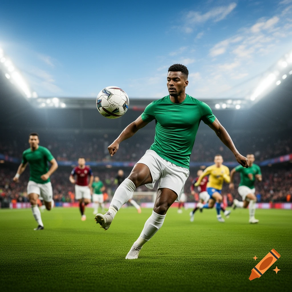 A male soccer player in a green jersey and white shorts kicks a football in a brightly lit stadium during a game.