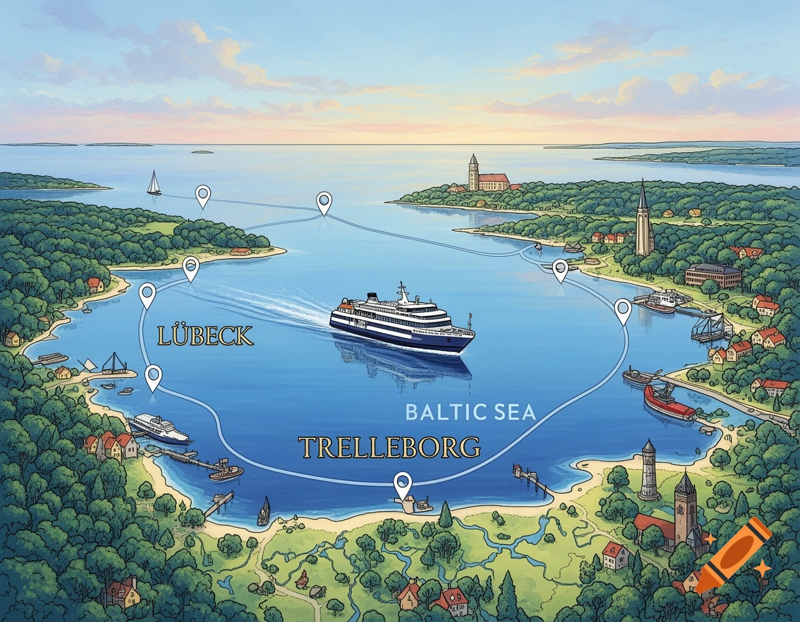 Illustrated map showing a ferry route on the Baltic Sea between Lübeck and Trelleborg, with coastal towns.