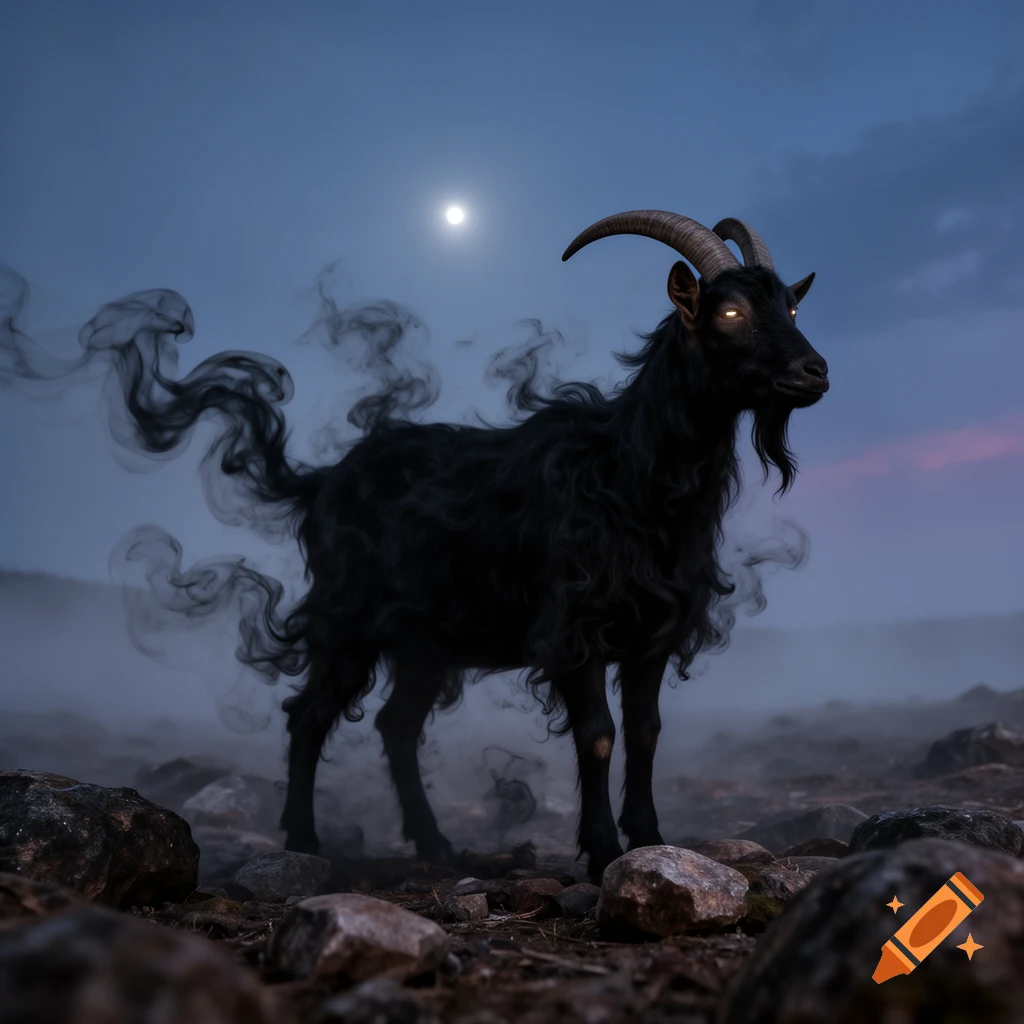 A mystical black goat with glowing eyes stands on rocky terrain, emitting dark smoke, under a full moon in a twilight sky.